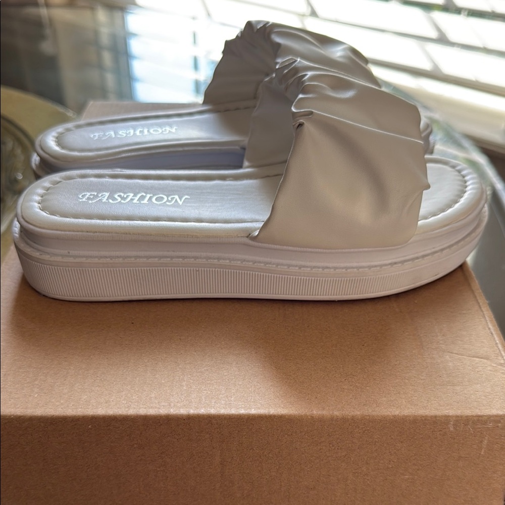 White Satin Slide Sandals - Picture 4 of 11